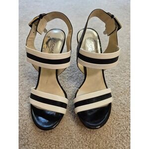 Michael Kors Black White Striped Leather Platform Slingback Heels  7.5M